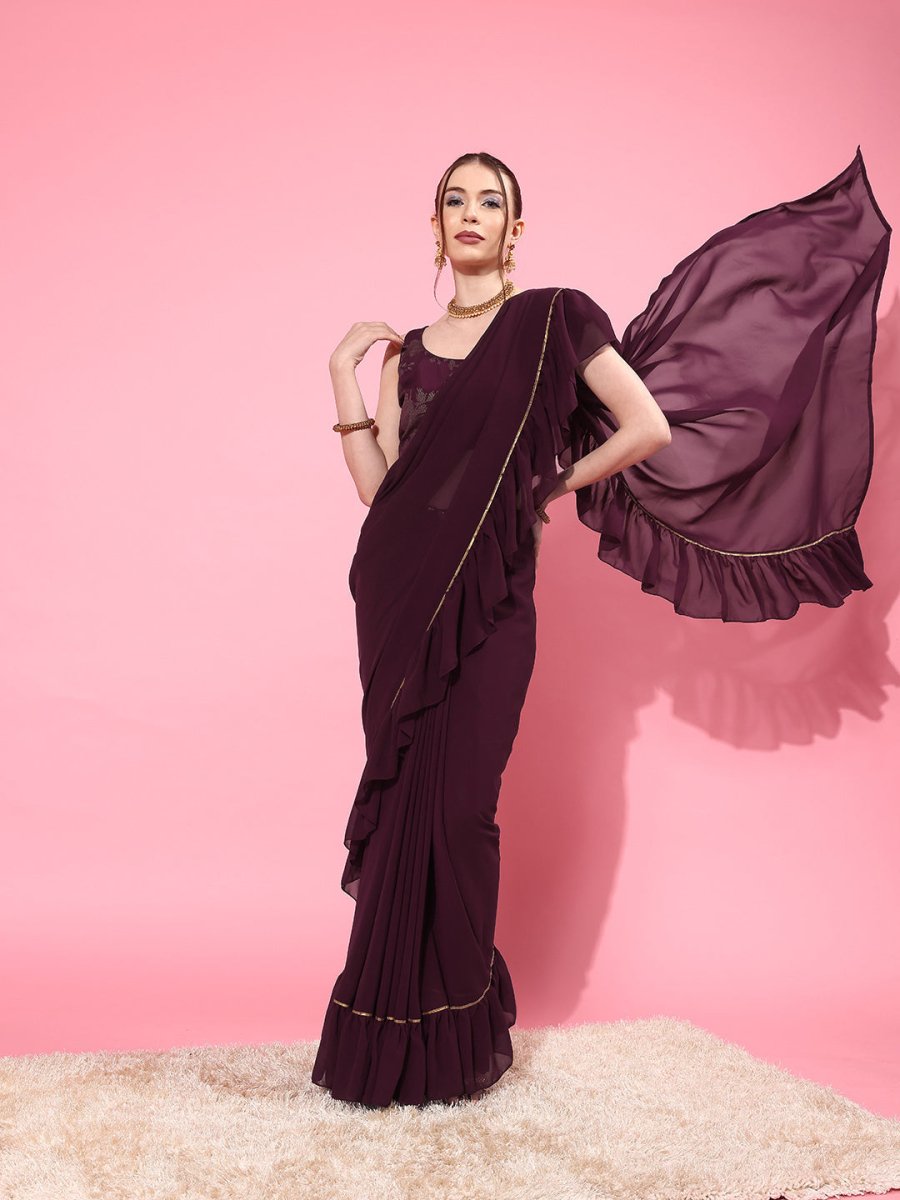 Ahalyaa Ruffled Poly Georgette Saree | Grocsy