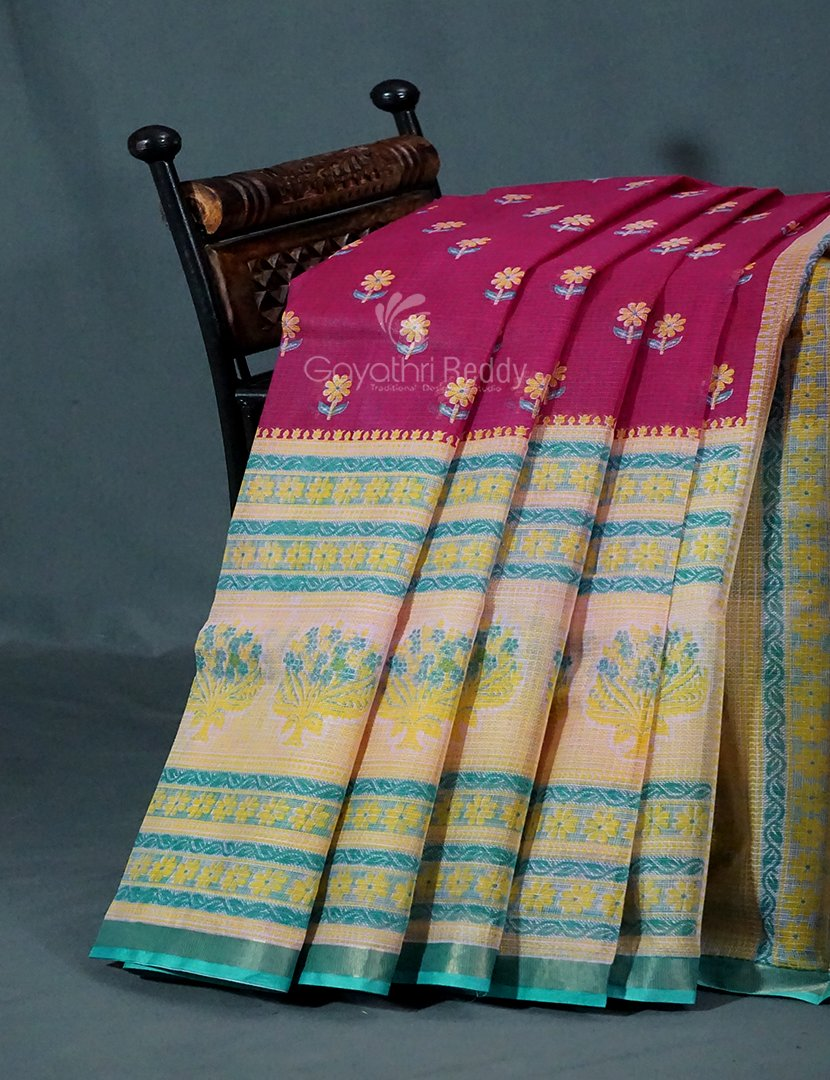 Magenta Pink And Mint Green Block Print Pure Kota Cotton Saree By Gayathri Reddy Designer Studio | Grocsy