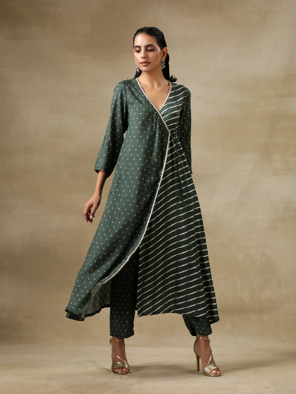 trueBrowns Dark Green Bandhani Printed Silk Angrakha Kurta Pant Set | Grocsy