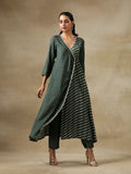 trueBrowns Dark Green Bandhani Printed Silk Angrakha Kurta Pant Set | Grocsy