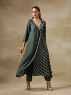 trueBrowns Dark Green Bandhani Printed Silk Angrakha Kurta Pant Set | Grocsy