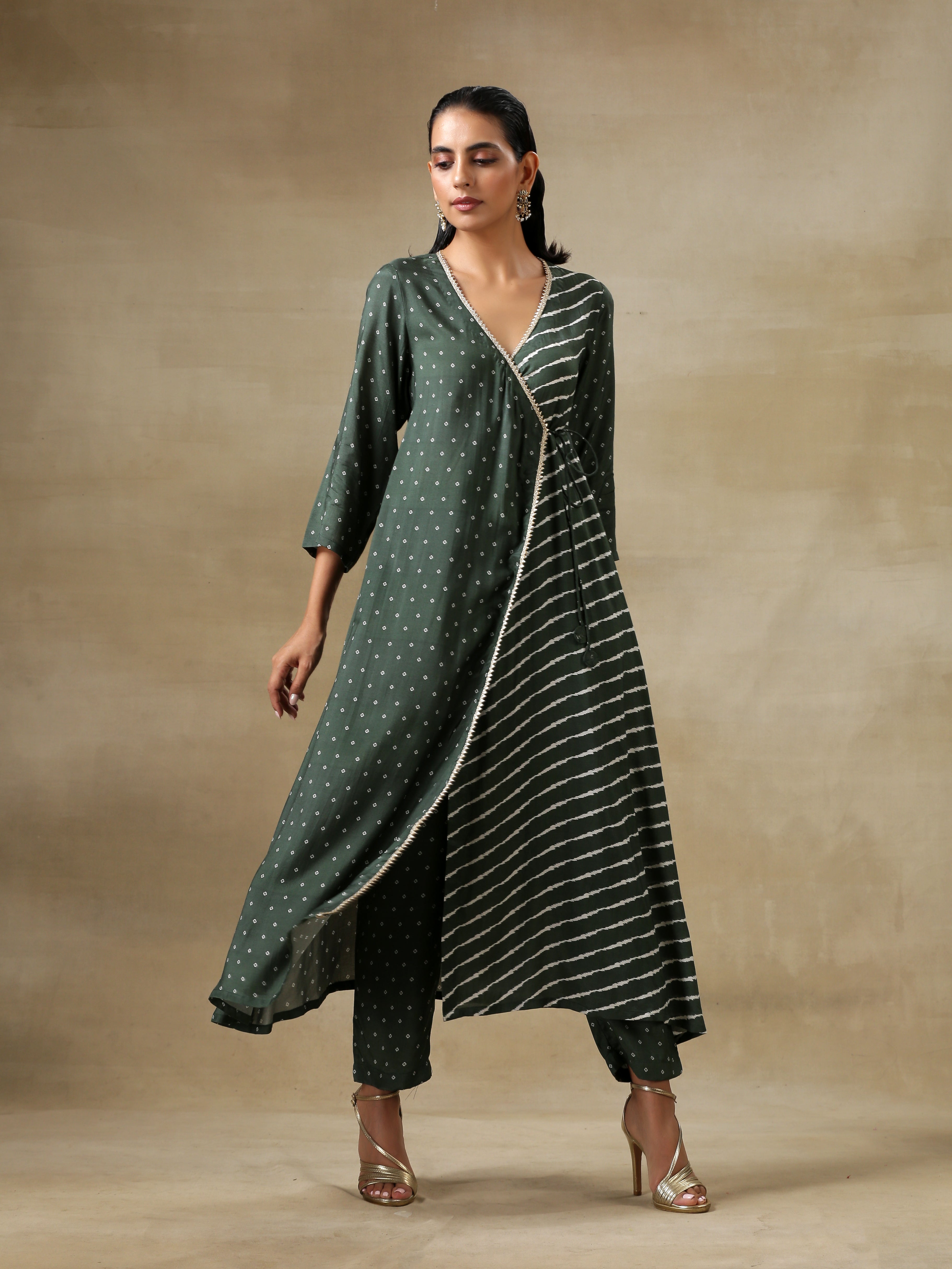 trueBrowns Dark Green Bandhani Printed Silk Angrakha Kurta Pant Set | Grocsy