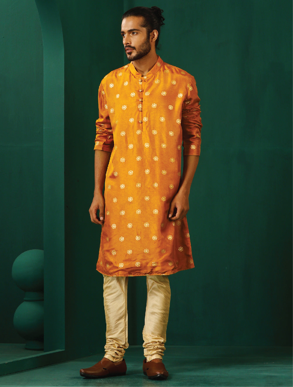 trueBrowns Men's Mustard Geometric Floral Viscose Silk Long Kurta | Grocsy