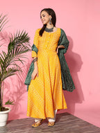 InWeave Women's Yellow Bandhani Long Anarkali Kurta With Green Bandhani Dupatta | Grocsy