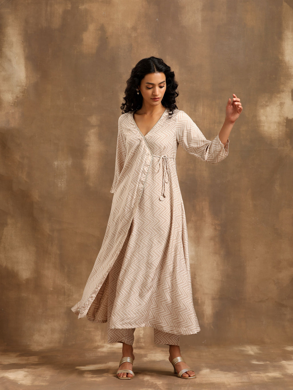 trueBrowns Beige Zig-Zag Print Silk Angrakha Kurta Pant Set | Grocsy