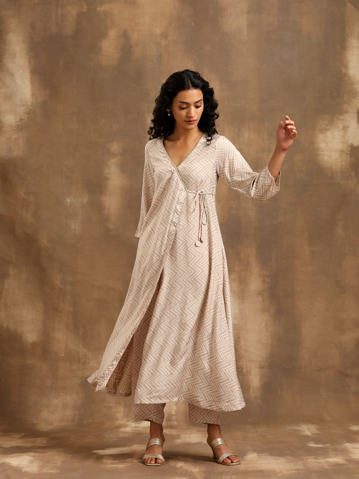 trueBrowns Beige Zig-Zag Print Silk Angrakha Kurta Pant Set | Grocsy