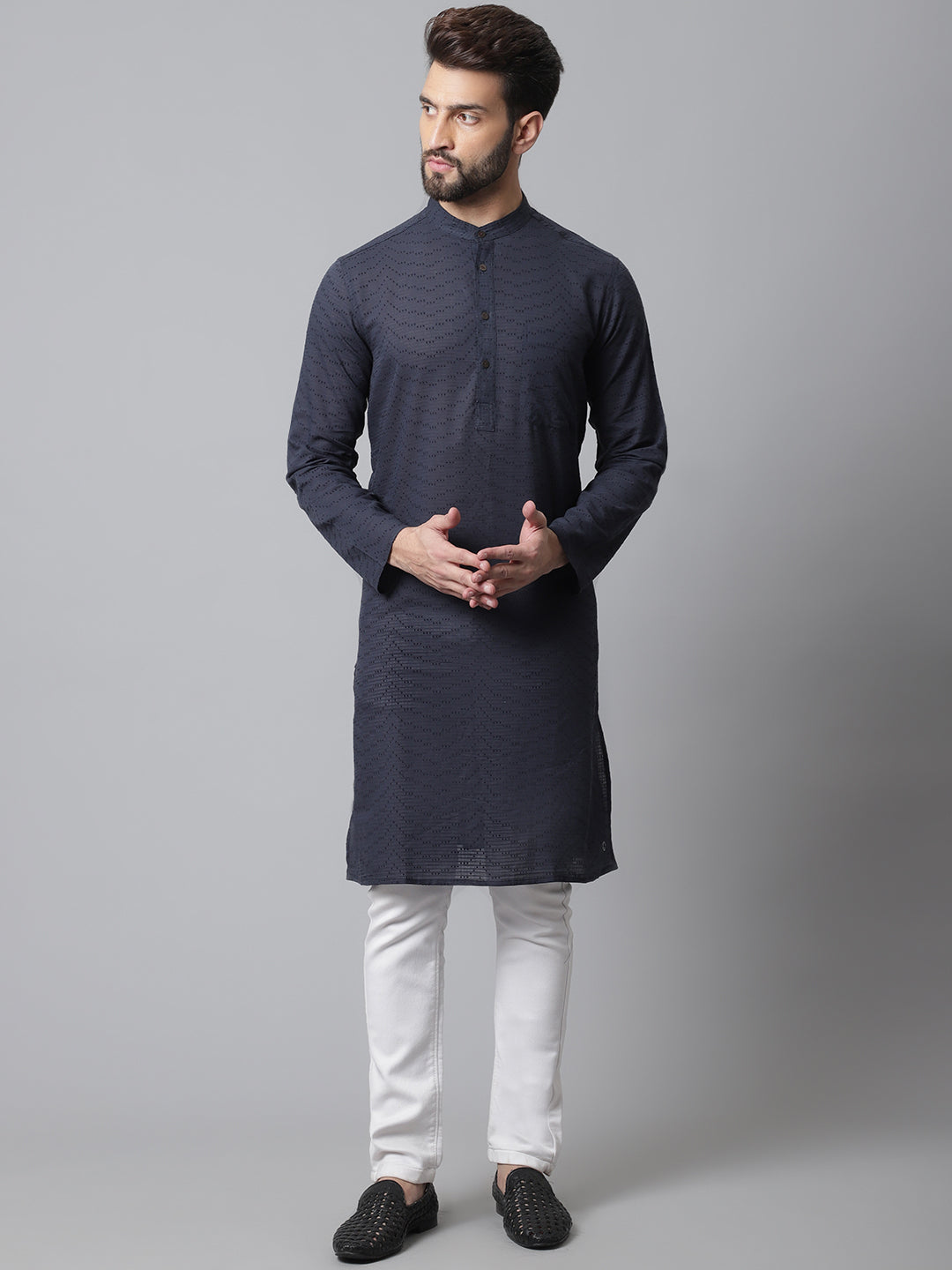 Even Apparels Blue Pure Cotton Kurta With Band Collar | Grocsy