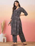 InWeave Black Maroon Ajrakh Foil V Neck Flared Kurta Pant Set | Grocsy