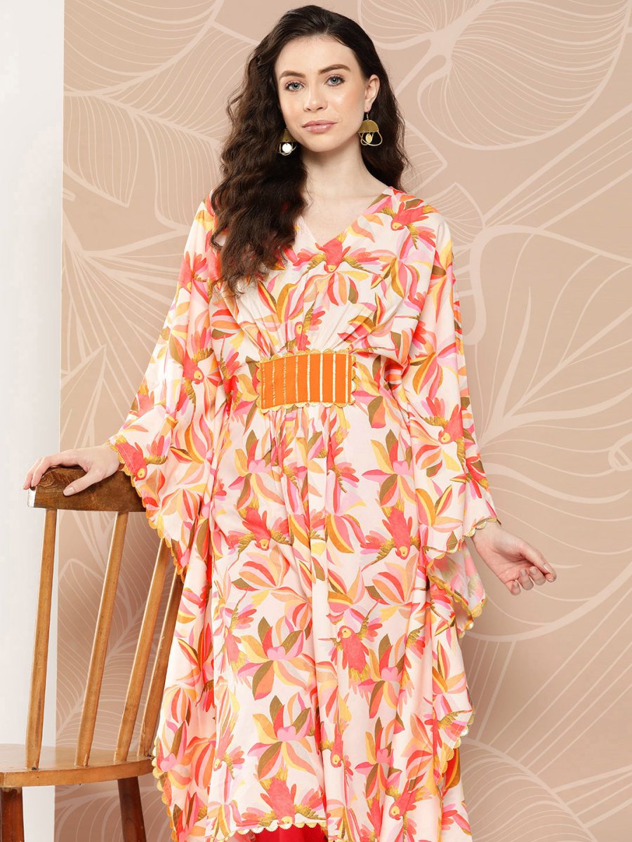 Ahalyaa Women Floral Printed Flared Sleeves Gotta Patti Crepe Kaftan Kurta | Grocsy