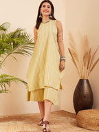 InWeave Women's Light Yellow Lurex Kantha Mandarin Neck Kurta Palazzo Set | Grocsy