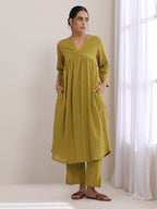 trueBrowns Avacado Green Dobby Flared Slit Kurta Pant Set | Grocsy