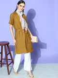 InWeave Women's Camel Brown Cream Pant Coord Set With White Butterfly Scarf | Grocsy