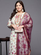 Ahalyaa Plus Size Floral Printed Zari Kurta with Palazzos & With Dupatta | Grocsy