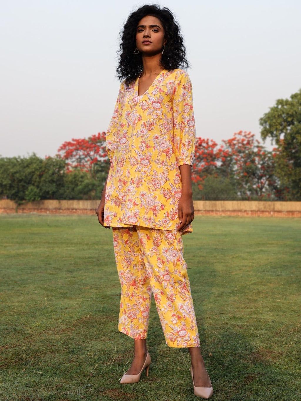trueBrowns Yellow Cotton Block Print V-Square Neck Co-Ord Set | Grocsy