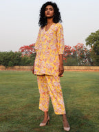 trueBrowns Yellow Cotton Block Print V-Square Neck Co-Ord Set | Grocsy