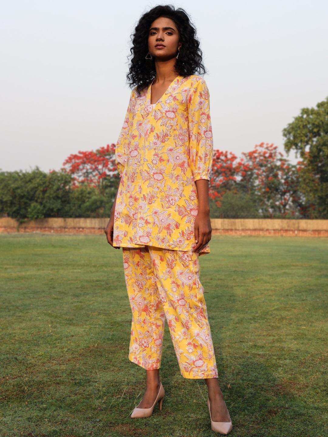trueBrowns Yellow Cotton Block Print V-Square Neck Co-Ord Set | Grocsy