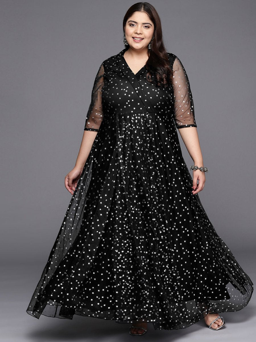 Ahalyaa Plus Size Printed Net V-neck Maxi Ethnic Dress | Grocsy