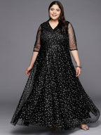 Ahalyaa Plus Size Printed Net V-neck Maxi Ethnic Dress | Grocsy