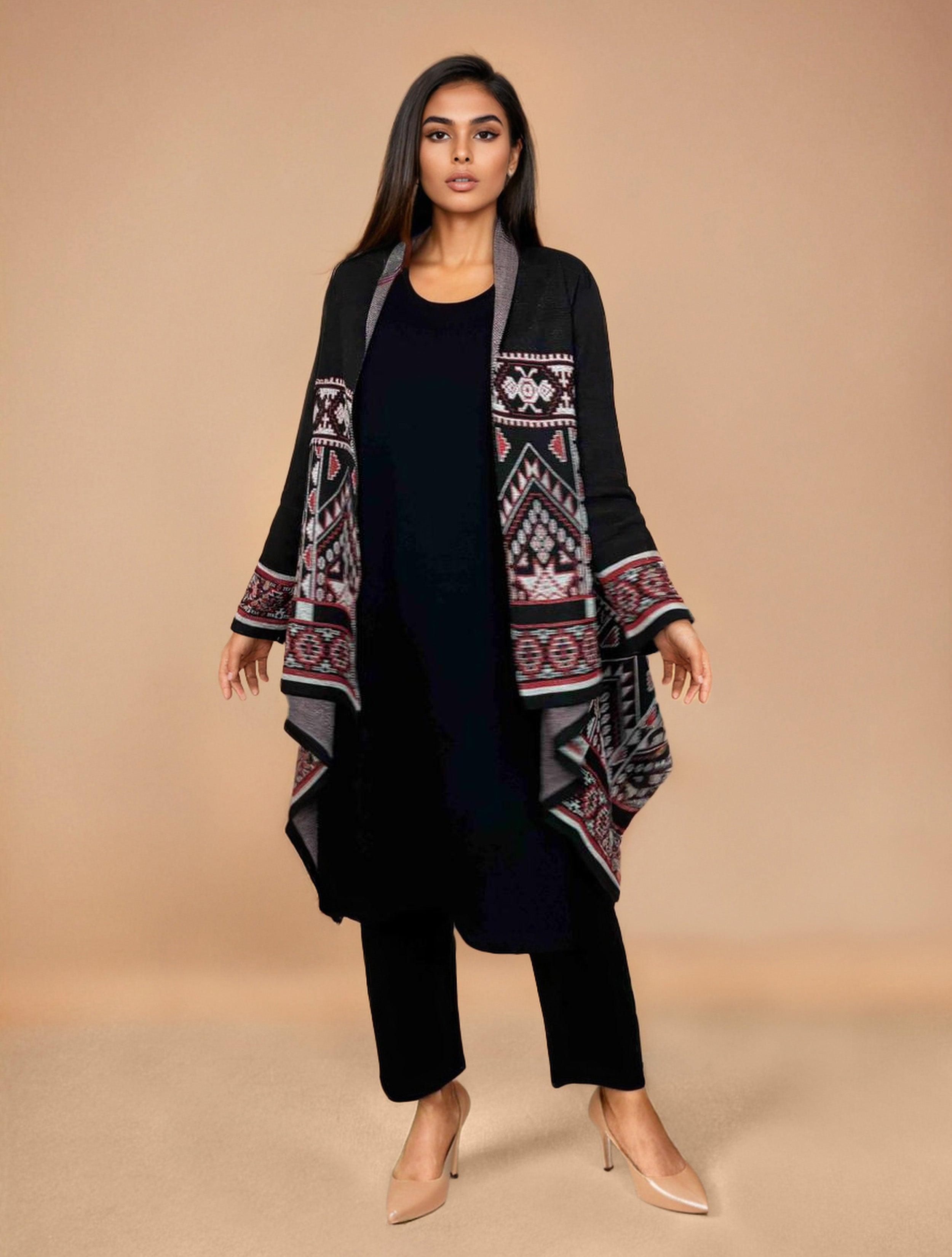 trueBrowns Black Woollen Geometric Kaftan Cape | Grocsy