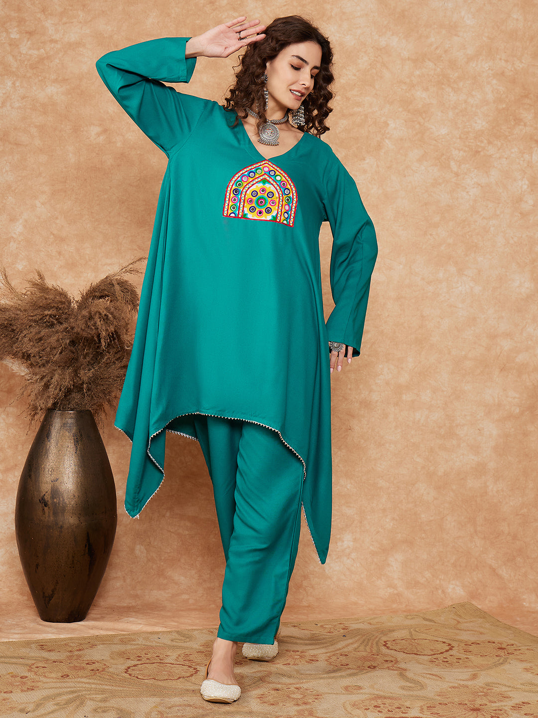 InWeave Women's Teal Trangle Yellow Patch Work Assymentrical Kurta Set | Grocsy