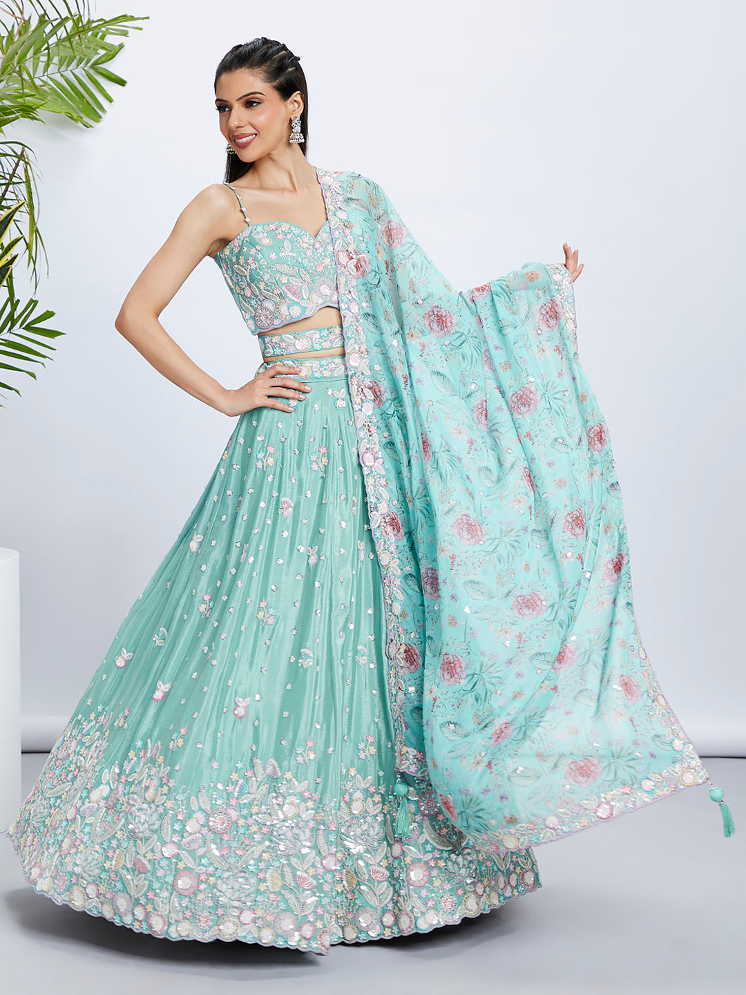 House of Panchhi Burgundy Georgette Sequins, Mirror And Thread Embroidery Lehenga Choli & Dupatta | Grocsy