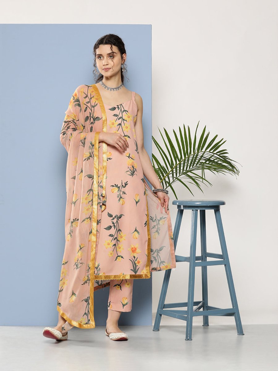 Ahalyaa Women Nude-Coloured Floral Printed Gotta Patti Kurta with Trousers & With Dupatta | Grocsy