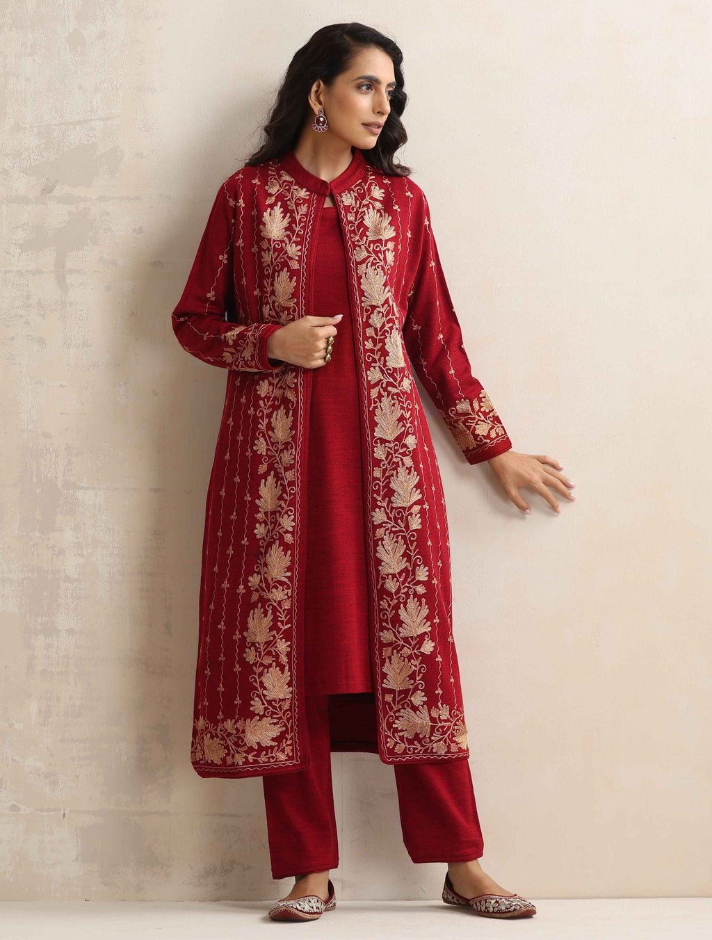 trueBrowns Red Kashmiri Woollen Jacket 3pc Set | Grocsy
