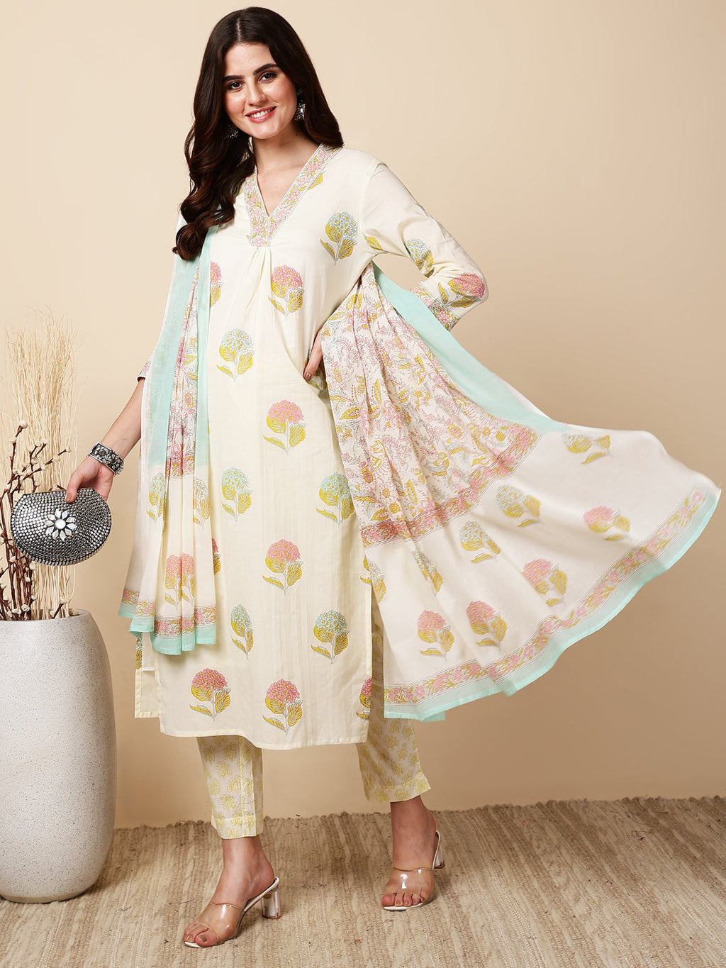 Antaran Cream Pure Cotton Floral Printed Kurta Pant And Dupatta Set | Grocsy