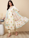 Antaran Cream Pure Cotton Floral Printed Kurta Pant And Dupatta Set | Grocsy