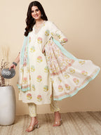 Antaran Cream Pure Cotton Floral Printed Kurta Pant And Dupatta Set | Grocsy