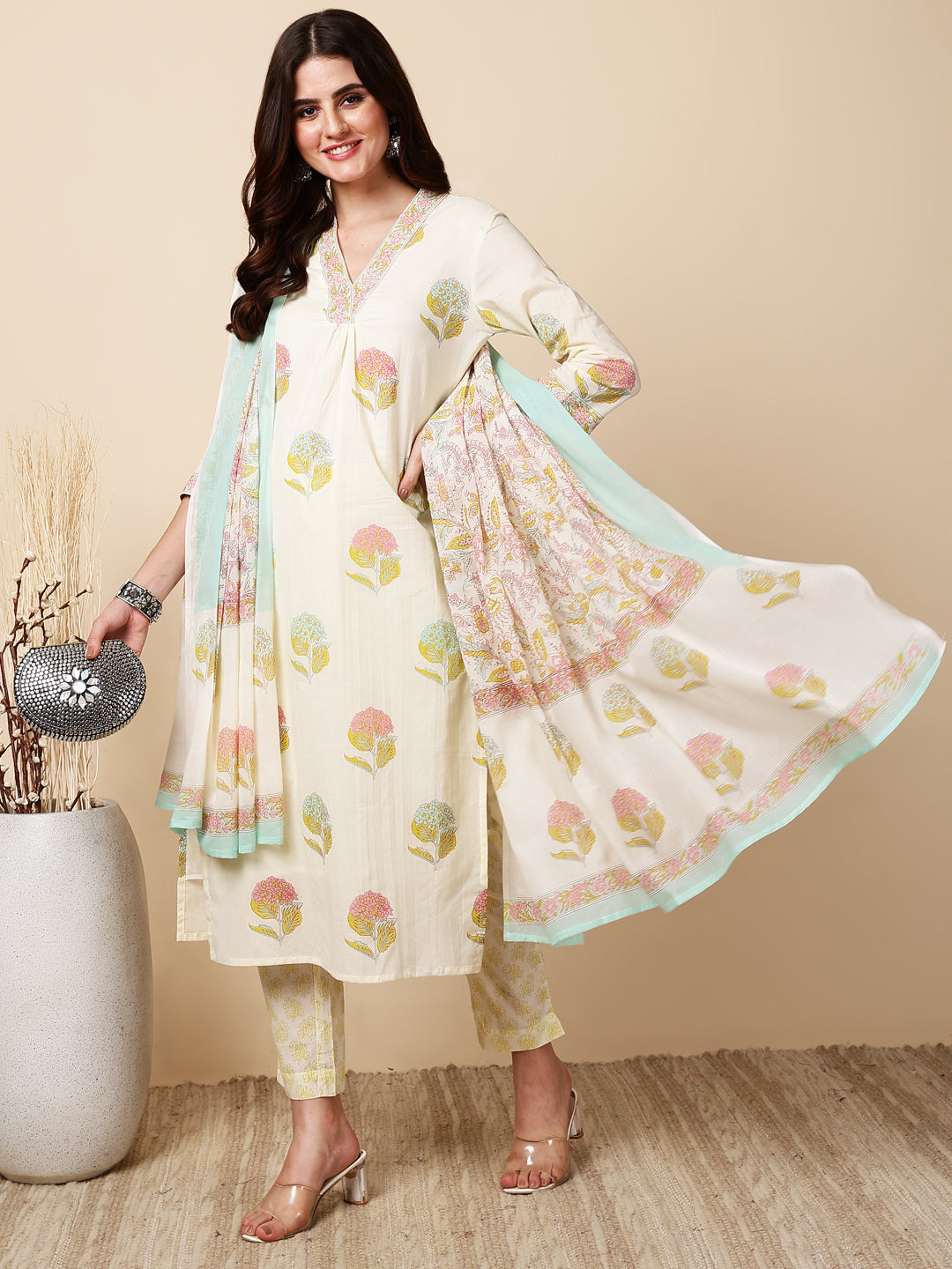 Antaran Cream Pure Cotton Floral Printed Kurta Pant And Dupatta Set | Grocsy