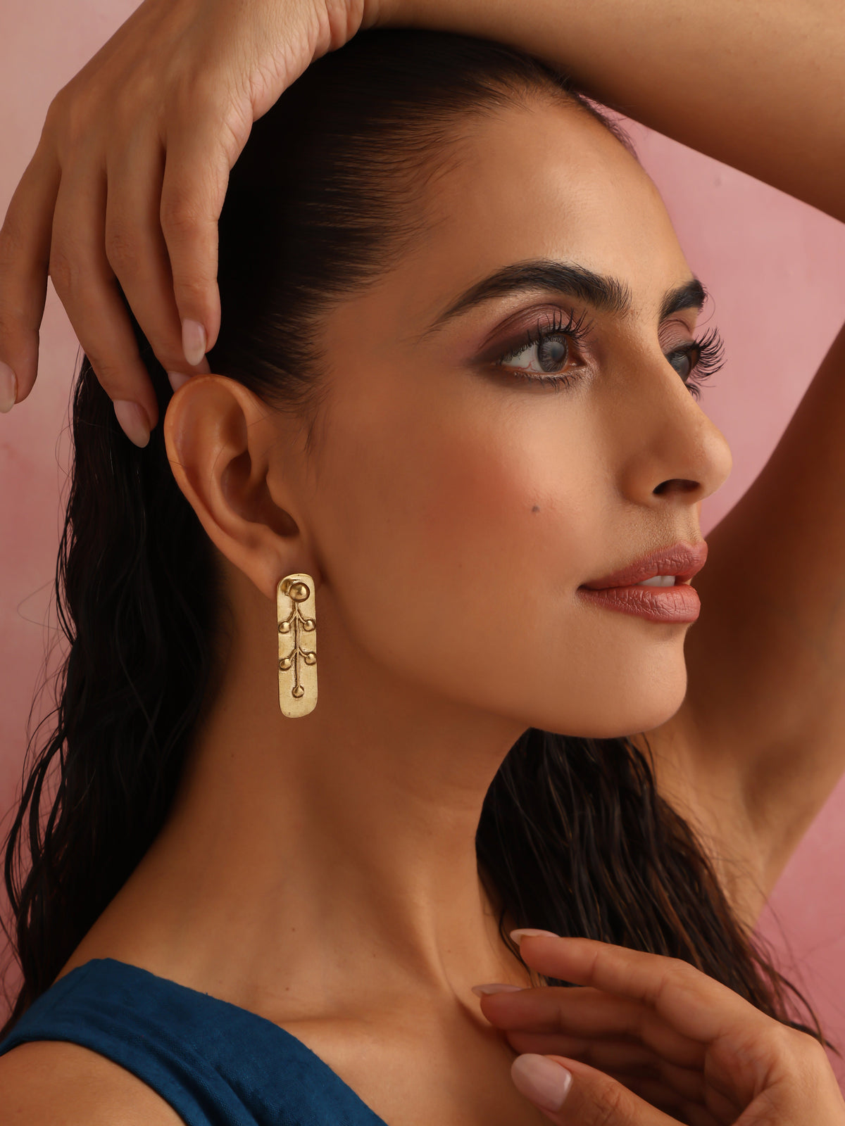 trueBrowns Brass Embossed Rectangular Earrings | Grocsy