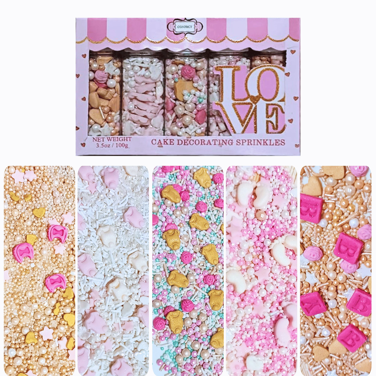 Confect Girls Baby Shower Sprinkles | Mix Heart, Teddy, Baby Feed Bottle & Baby Feet Sprinkles | Grocsy