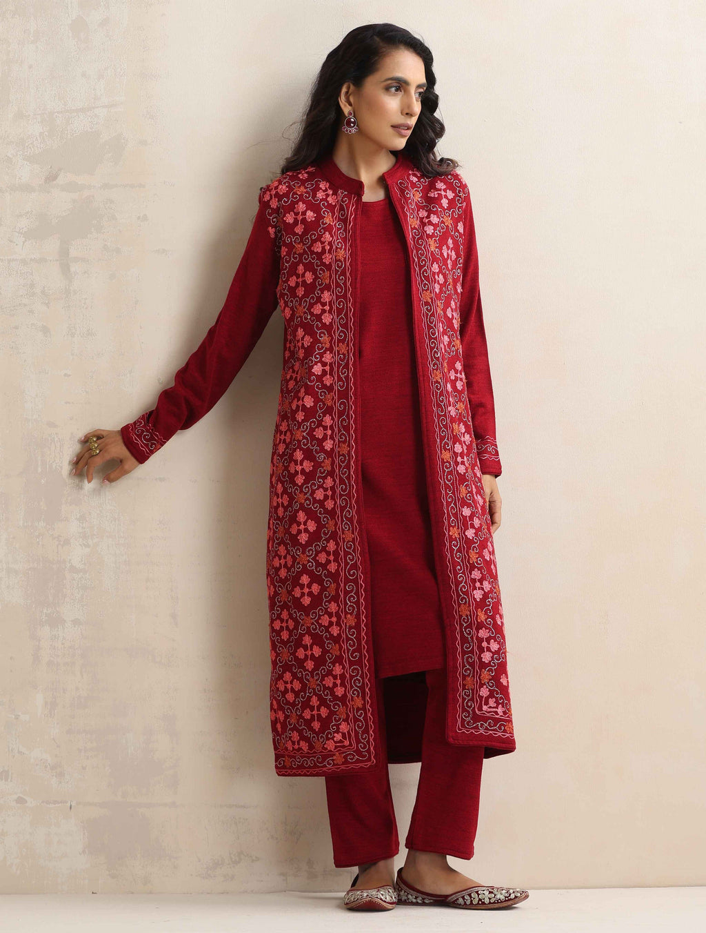 trueBrowns Maroon Kashmiri Woollen Jacket 3pc Set | Grocsy