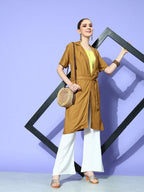 InWeave Women's Camel Brown Cream Pant Coord Set With Lime Green Crop Top | Grocsy
