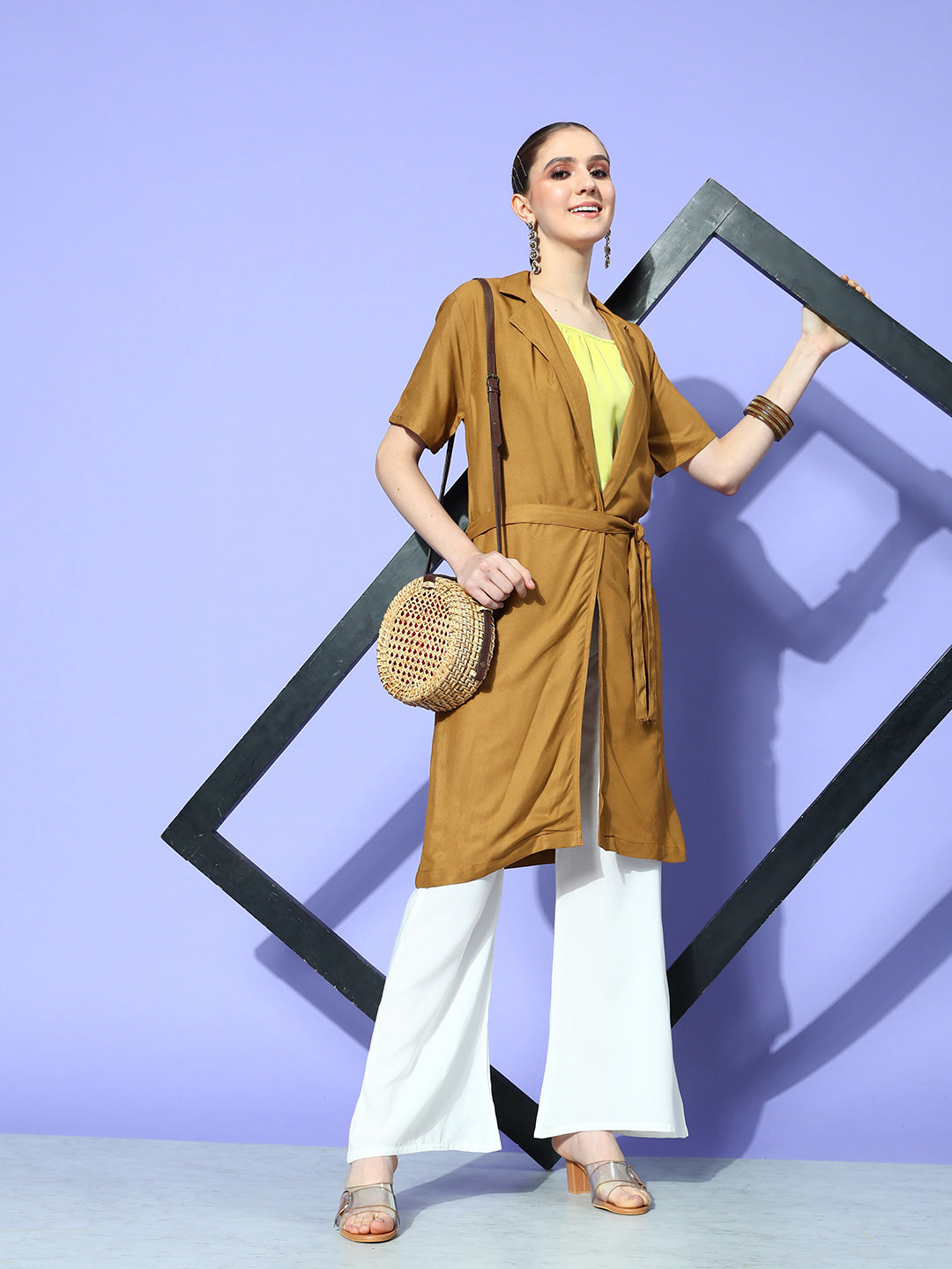 InWeave Women's Camel Brown Cream Pant Coord Set With Lime Green Crop Top | Grocsy