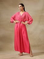 trueBrowns Pink Bandhani Printed Silk Drop Shoulder Dress | Grocsy