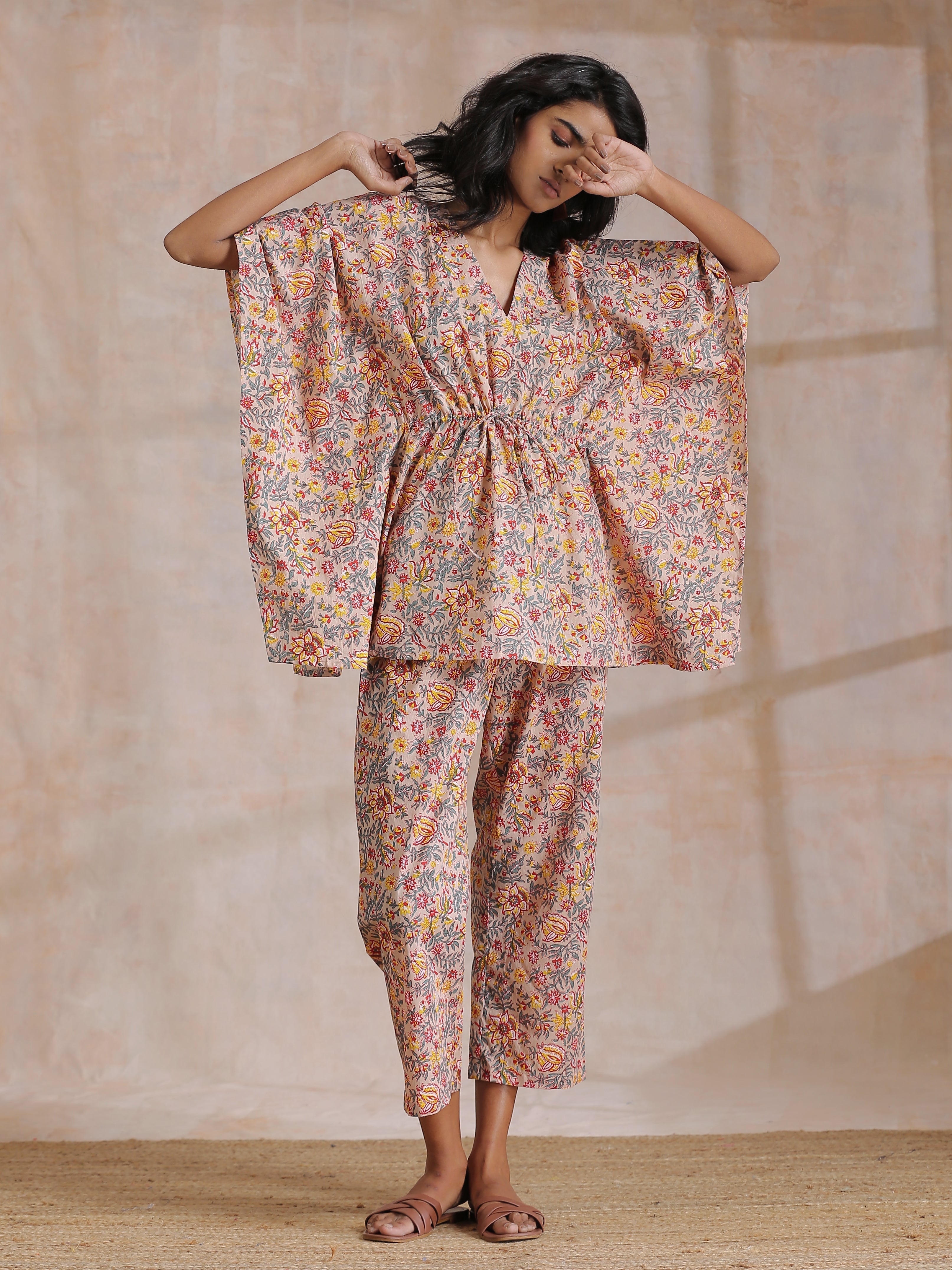 trueBrowns Multicolor Beige Overall Floral Block Print Cotton Kaftan Co-Ord Set | Grocsy