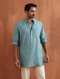trueBrowns Men's Green Cotton Dobby Short Kurta | Grocsy