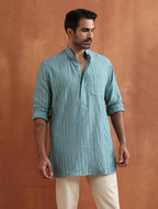 trueBrowns Men's Green Cotton Dobby Short Kurta | Grocsy