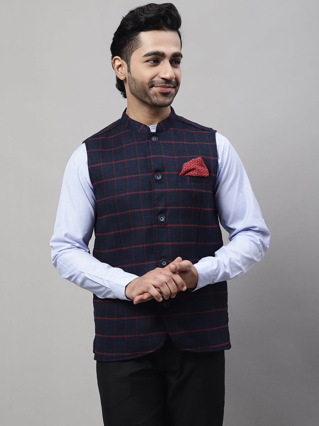 Even Apparels Men's Blue Nehru Jacket With Welt Pockets | Grocsy
