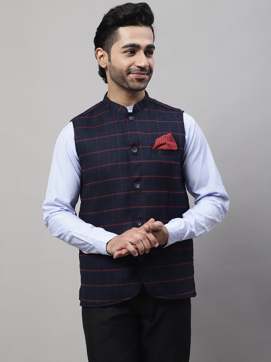 Even Apparels Men's Blue Nehru Jacket With Welt Pockets | Grocsy