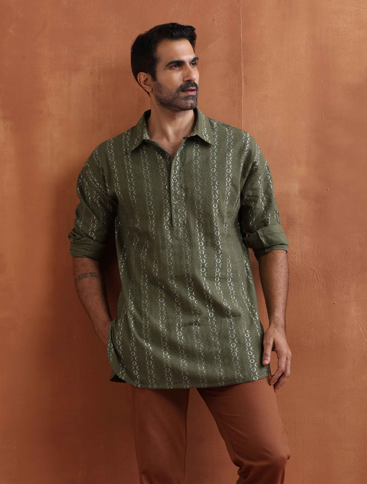 trueBrowns Men's Olive Green Cotton Dobby Short Kurta | Grocsy