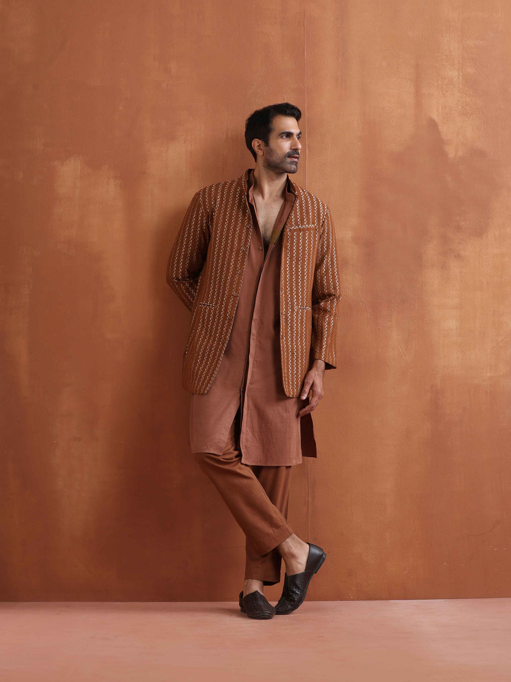 trueBrowns Men's Brown Cotton Dobby Long Jacket | Grocsy