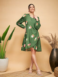 InWeave Women's Green Small Flower Belted Dress | Grocsy