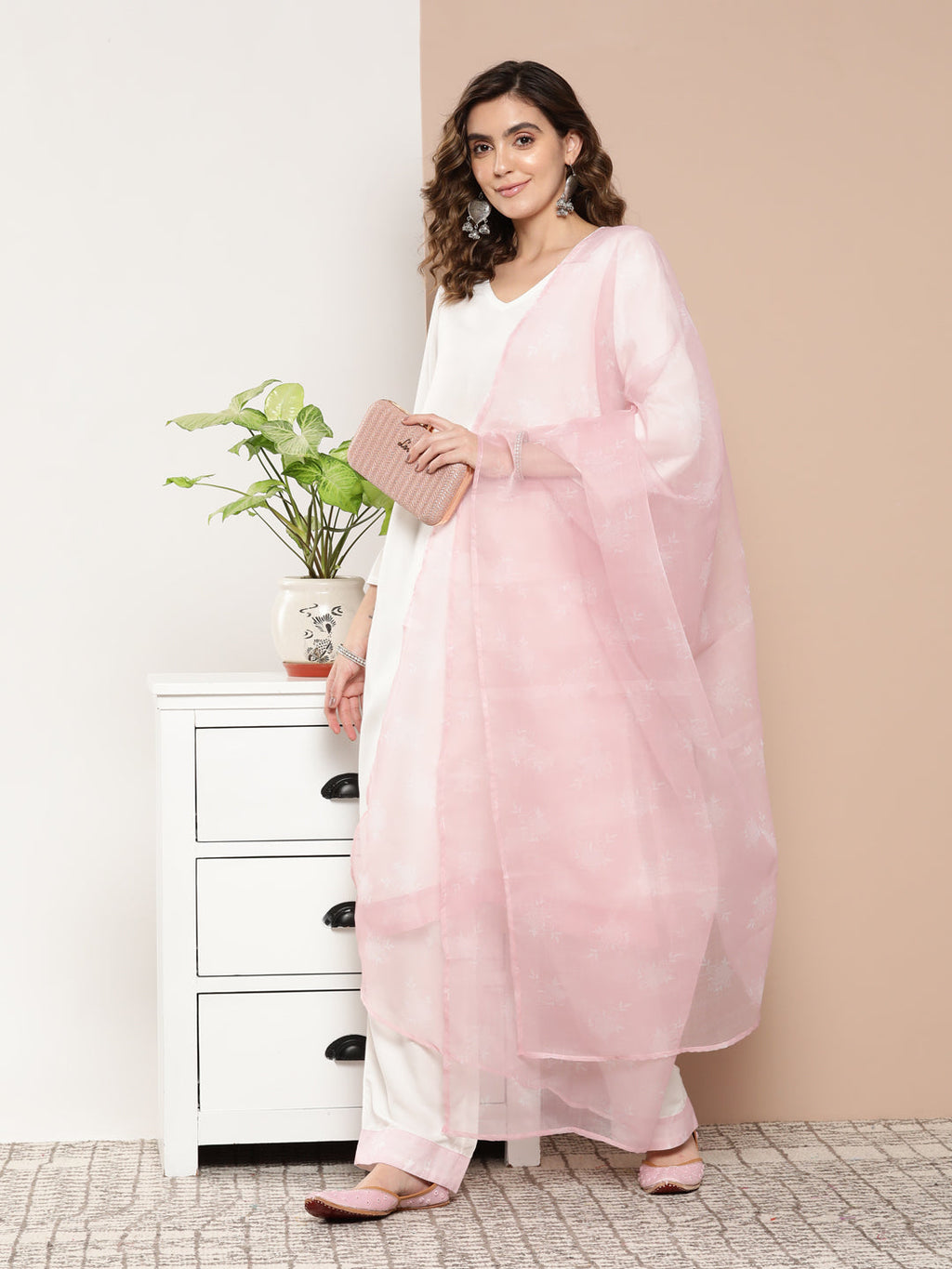 InWeave Women's Cream Straight Kurta Set W Pink White Print Organza Dupatta | Grocsy