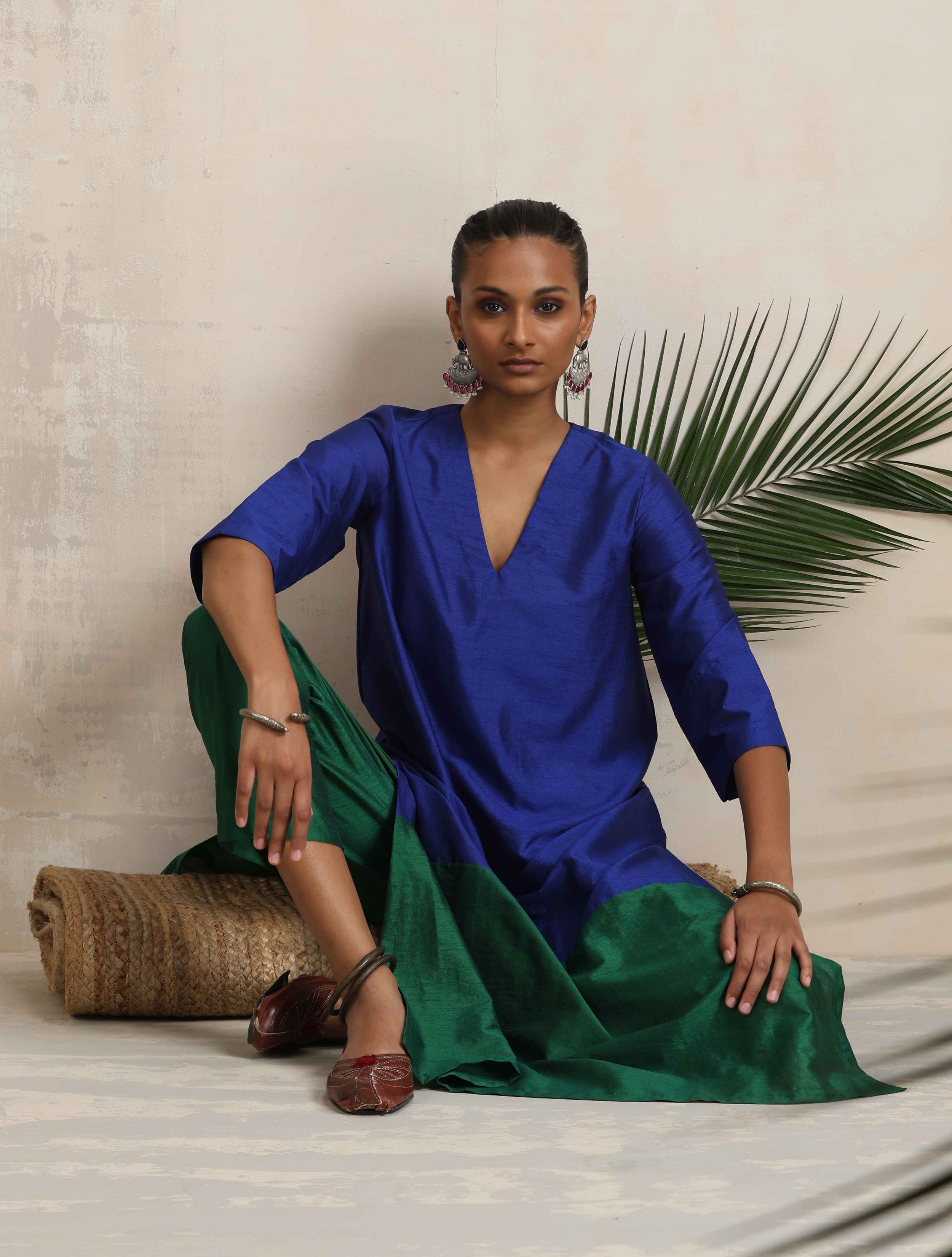 trueBrowns Blue Silk Kurta Set | Grocsy