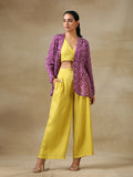 trueBrowns Lime Green Bandhani Printed Silk Top Pant with Purple Printed Jacket Set | Grocsy