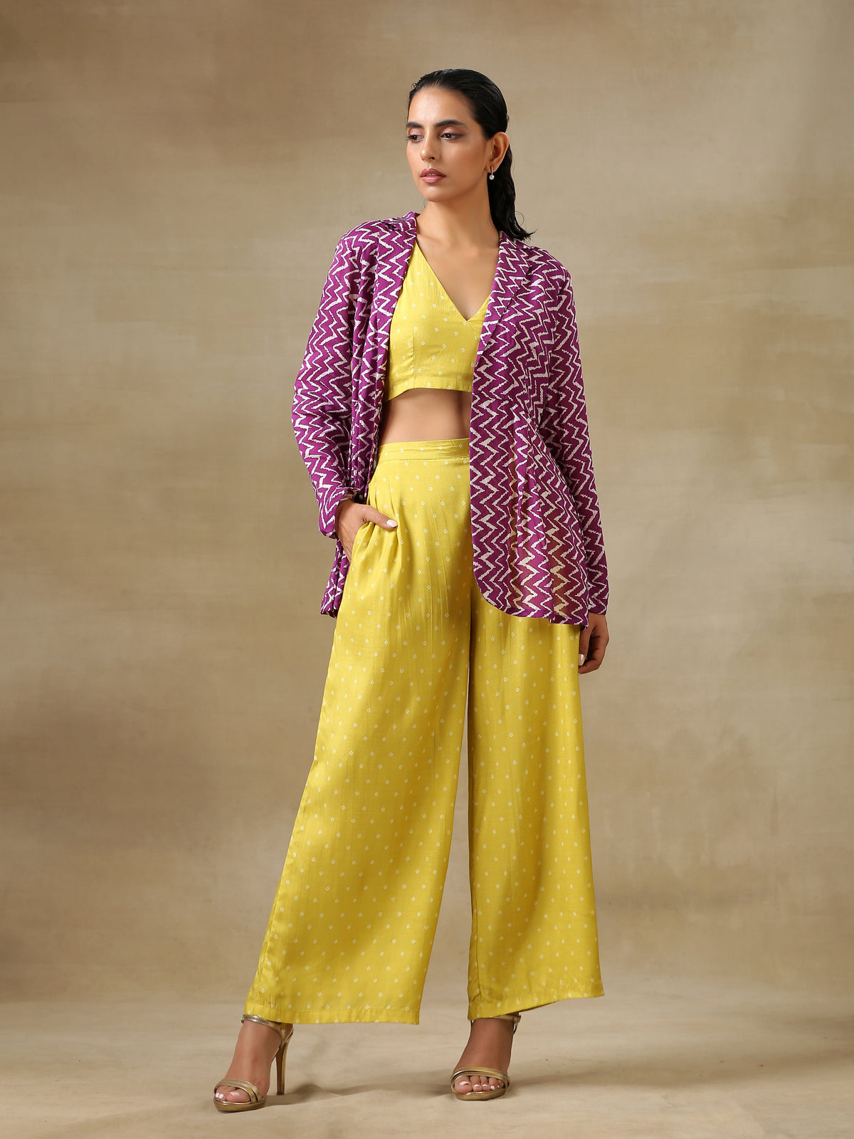 trueBrowns Lime Green Bandhani Printed Silk Top Pant with Purple Printed Jacket Set | Grocsy