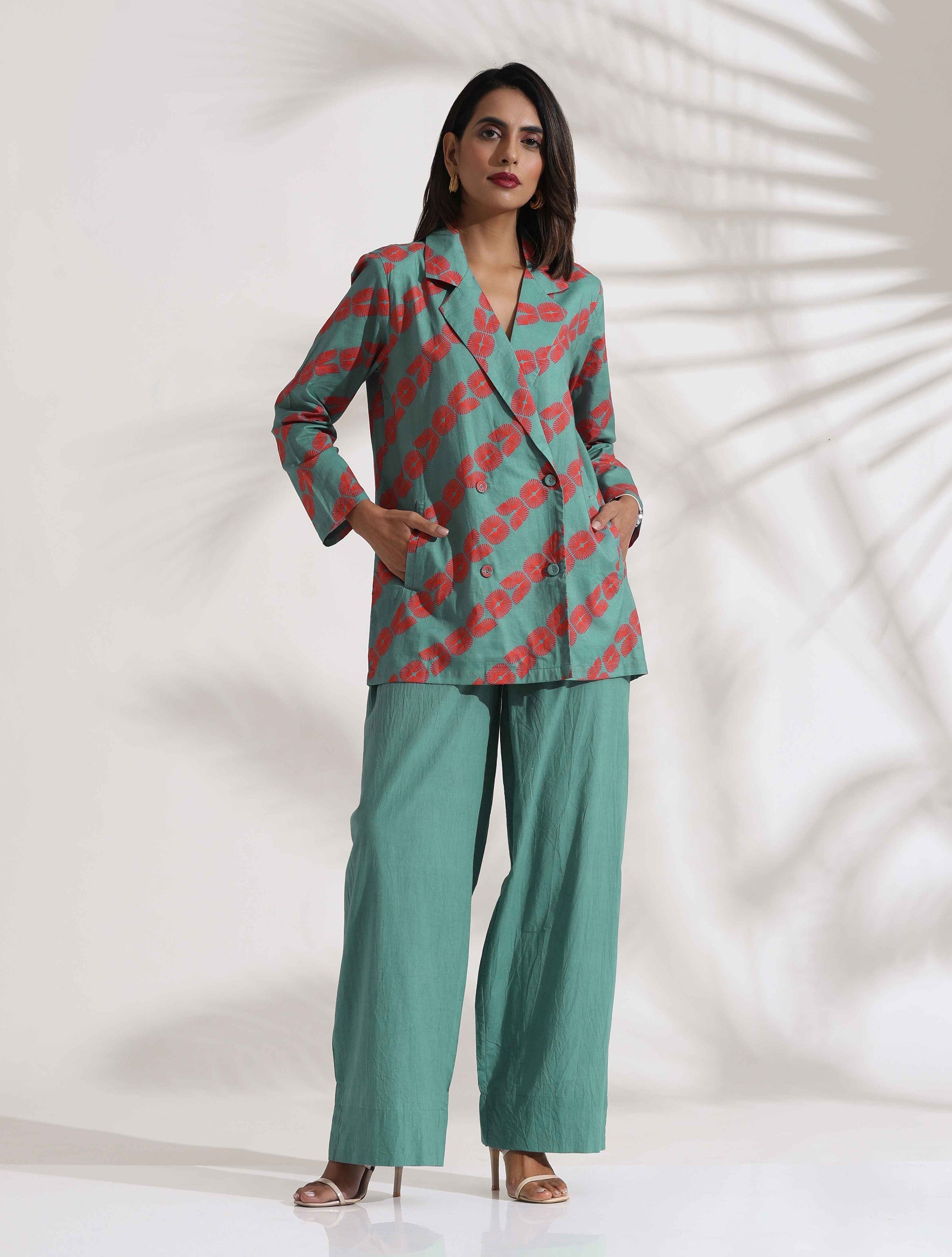 trueBrowns Green Cotton Print Jacket Top Co-ord Set | Grocsy